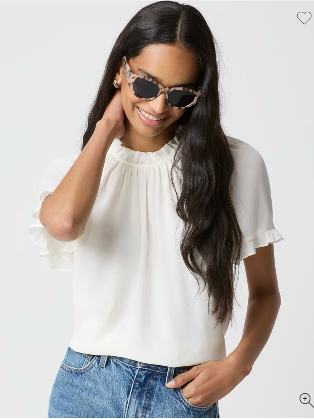 J. Crew White Ruffle Neck Short Sleeve Blouse